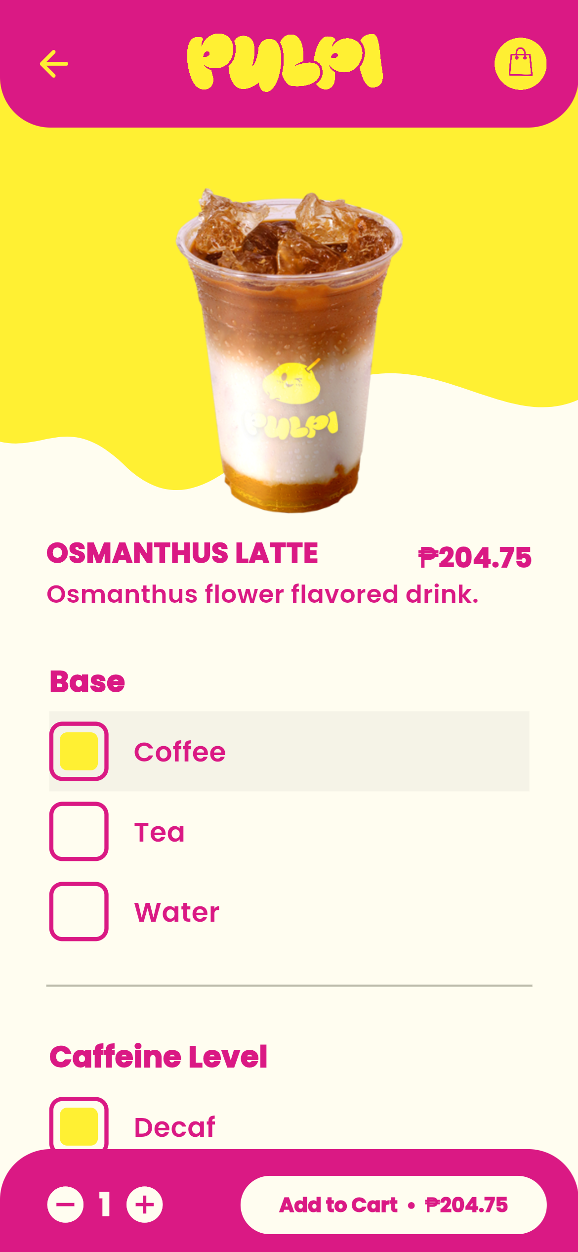Pulpi drink customization screen